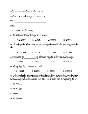 Đề kiểm tra cuối học kỳ 1 môn Toán 5 - Năm học 2015-2016